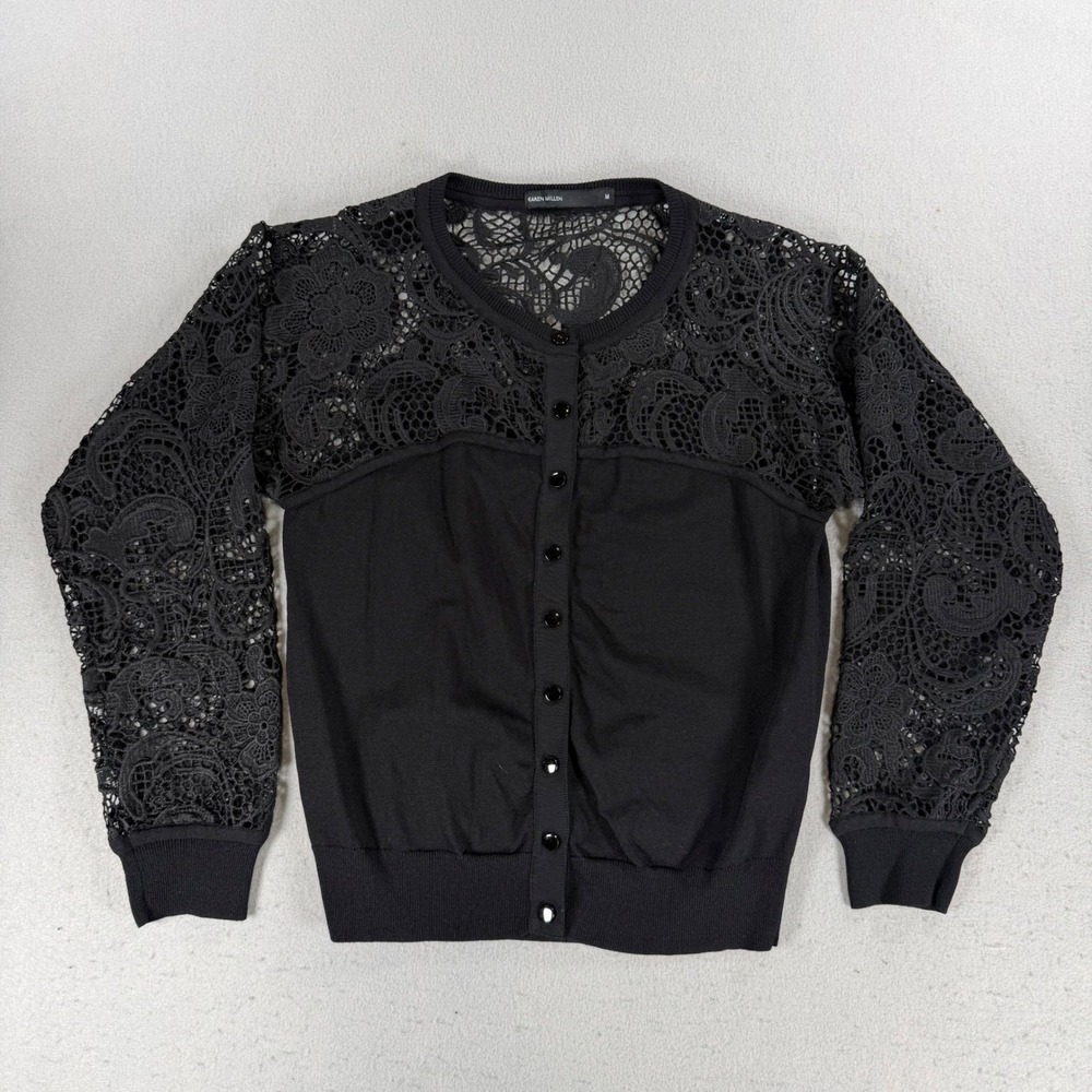 Karen Millen Black Lace Panel Cardigan Knit Button Front Sweater KY139 Size M